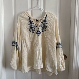 Old Navy Boho Cream Embroidered Tie Blouse